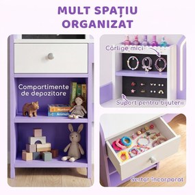AIYAPLAY Set măsuță de toaletă 2 în 1 pentru fetițe, cu scaun și oglindă, lumini în 2 culori, suport bijuterii, sertar, mov | Aosom Romania
