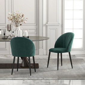 HOMCOM Set de 2 Scaune de Sufragerie din Catifea, Scaune Bucătărie cu Spătar Curbat în Formă de Scoică, Picioare din Metal, Stil Nordic, Scaun Tapițat pentru Bucătărie, Dormitor, Cameră de Zi, Verde Închis | Aosom Romania