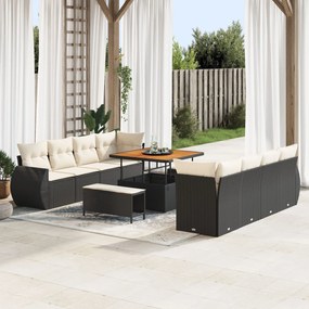 vidaXL Set de canapele de grădină cu 11 piese și perne, rattan poly negru, din acacia.
