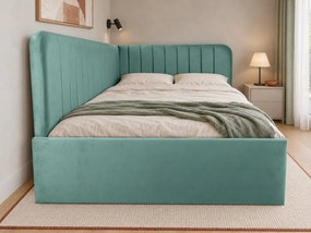 Pat tapițat pentru copii din catifea Elyra Line 140×200 cm, verde marin, colț stânga, cu ladă de depozitare