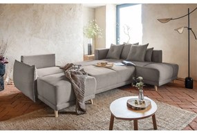 Colțar maro deschis extensibil cu tapițerie din catifea reiată (colț dreapta/în formă de "U") Lazy Lukka – Miuform