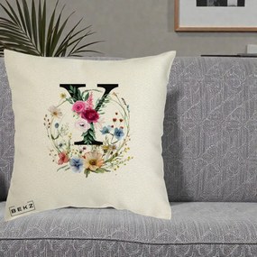 Cadou Personalizat - Perna Personalizata Monograma Florala Litera Y cu Coroana, 40x40 cm, Ecru, Husa Detasabila, Perna Inclusa, BEKZ®