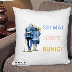 Cadou pentru Bunici - Perna Personalizata Cei Mai Iubiti Bunici Acuarela Spate, 40x40 cm, Alb Pufos, Husa Detasabila, Perna Inclusa, BEKZ®