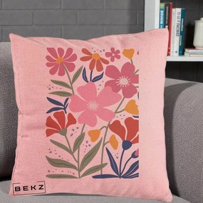 Perna Decorativa Flori Grafice Roz si Terracotta, 40x40 cm, Roz, Husa Detasabila, Perna Inclusa, BEKZ®