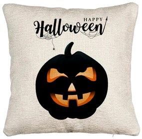 Perna Decorativa Canapea cu motiv Dovleac de Halloween si Text, 40x40 cm, Cu fermoar