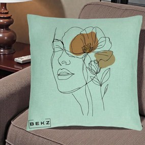 Perna Decorativa Portret Feminin Mac Profilat, 40x40 cm, Verde Menta, Husa Detasabila, Perna Inclusa, BEKZ®