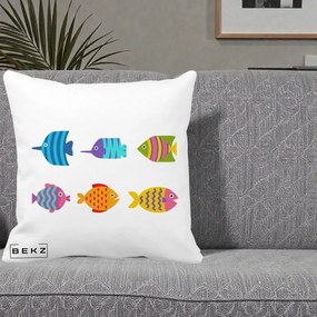 Perna Decorativa Pesti Colorati Cartoon, 40x40 cm, Alba Mata, Husa Detasabila, Perna Inclusa, BEKZ®