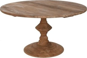 Masă dining rotundă din lemn de tec reciclat, natur, 6 locuri, cu picior central strunjit pe bază circulară, 75 x 140 cm, „Mireille”