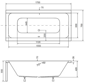 Cada baie dreptunghiulara, acril, 170 x 75 cm, Besco Quadro 1700x750 mm