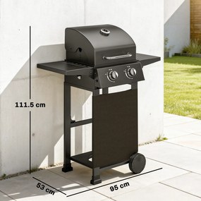 Outsunny Grătar pe gaz 5,4 KW 2 arzătoare Cărucior BBQ din oțel incl. masă laterală rabatabilă Termometru gril cromat Grătar pentru menținere la cald | Aosom Romania