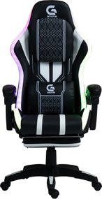 RESIGILAT- Scaun gaming HOFRE, boxe Bluetooth, sistem iluminare bandă LED RGB, masaj în perna lombară, suport picioare, PU, Negru/Alb