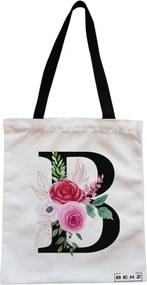Sacosa de Panza pentru Cumparaturi, Geanta Tote, Cu litera B si Trandafiri, Cu fermoar, 38x34.5 cm, Alba, BEKZ®