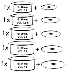 Set de gătit (10 Piese), Vase emailate, Capace din Sticlă termorezistentă, Capacități 4 - 1 Litri, Bază groasă, Model Sun Flower (Multicolor)