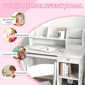 ZONEKIZ Birou Copii de 5-8 ani, si cu un raft cu multe compartimente, masa si scaun pentru copii din lemn, alb | Aosom Romania