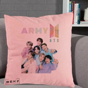 Perna Personalizata K-pop BTS ARMY Fotografie Grup Veseli, 40x40 cm, Roz, Husa Detasabila, Perna Inclusa, BEKZ®