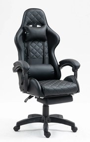 Scaun gaming, ergonomic, perna suport lombar cu masaj, spătar rabatabil, tetieră, suport pentru picioare, PU, Negru