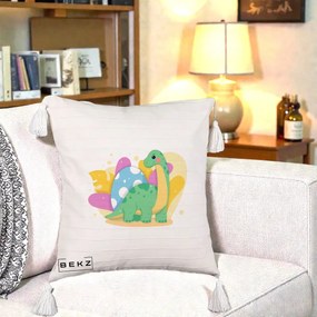 Perna Personalizata Dinozaur cu Ou Pastelat, 40x40 cm, Bej cu Franjuri, Husa Detasabila, Perna Inclusa, BEKZ®