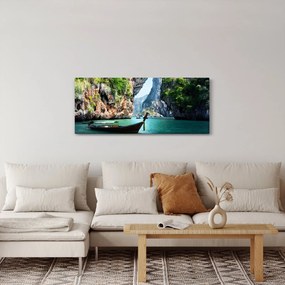 Tablou - Apă peisaj mediteranean cu barca (120x50 cm)