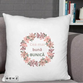 Cadou pentru Bunica - Perna Personalizata Cea Mai Buna Bunica Coronita Flori Roz, 40x40 cm, Alb Pufos, Husa Detasabila, Perna Inclusa, BEKZ®