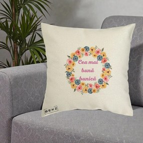 Cadou pentru Bunica - Perna Personalizata Cea Mai Buna Bunica Coronita Flori Multicolore, 40x40 cm, Ecru, Husa Detasabila, Perna Inclusa, BEKZ®