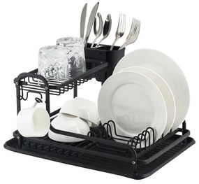 Uscător de vase Luigi Ferrero FR-4028AD, 43x38.5x22 cm, 2 niveluri, Tavă de scurgere, Antiderapant, Suporturi, Negru