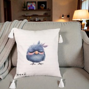 Perna Decorativa Pui Adormit Albastru, 40x40 cm, Bej cu Franjuri, Husa Detasabila, Perna Inclusa, BEKZ®