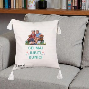 Cadou pentru Bunici - Perna Personalizata Cei Mai Iubiti Bunici Cuplu pe Banca Ilustratie, 40x40 cm, Bej cu Franjuri, Husa Detasabila, Perna Inclusa, BEKZ®