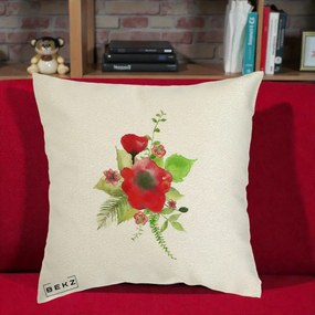 Perna Decorativa Buchet Rosu Acuarela, 40x40 cm, Ecru, Husa Detasabila, Perna Inclusa, BEKZ®