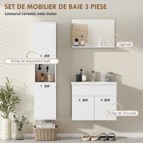kleankin Set Mobilier Baie 4 Piese cu Lavoar din Ceramică, Dulap de Baie, Coloană de Baie și Oglindă, Alb | Aosom Romania