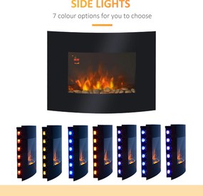 HOMCOM Șemineu Electric de Perete 900/1800W Încălzire cu Efect de Flacără 3D Reglabil, Șemineu Electric cu Lumină LED în 7 Culori, Telecomandă, Temporizator și Termostat, 30 m², Negru | Aosom Romania