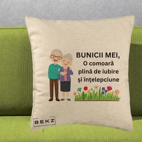 Cadou pentru Bunici - Perna Personalizata Bunicii Mei Comoara Cuplu Senior cu Flori Colorat, 40x40 cm, Bej, Husa Detasabila, Perna Inclusa, BEKZ®
