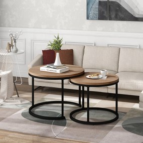 Set de 2 Măsuțe de Cafea Rotunde, Măsuțe Suprapozabile din MDF cu Structură din Metal, Design Economisire Spațiu, Masă Mare: 50 x 70,5 cm, Masă Mică: 45,5 x 44 cm, Naturale