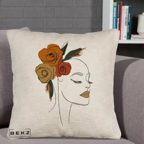 Perna Decorativa Portret Feminin Trandafiri Ruginii, 40x40 cm, Bej Canapea, Husa Detasabila, Perna Inclusa, BEKZ®