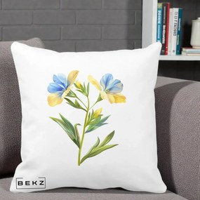 Perna Decorativa Botanica Frezie Galbena si Albastra, 40x40 cm, Alba Mata, Husa Detasabila, Perna Inclusa, BEKZ®