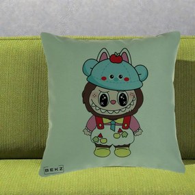Perna Personalizata Labubu x Urs Albastru Colorat, 40x40 cm, Verde, Husa Detasabila, Perna Inclusa, BEKZ®