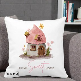 Perna Decorativa Home Sweet Home Casuta, 40x40 cm, Alba Mata, Husa Detasabila, Perna Inclusa, BEKZ®