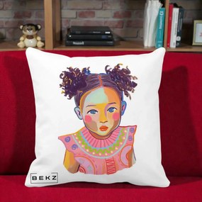 Perna Decorativa Fetita Vesela Portret Colorat, 40x40 cm, Alba Mata, Husa Detasabila, Perna Inclusa, BEKZ®