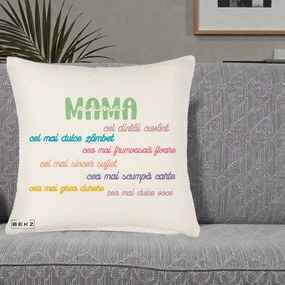 Cadou pentru Mama - Perna Personalizata Mama Cel Dintai Cuvant cu Text Colorat Multicolor, 40x40 cm, Crem Reliefat, Husa Detasabila, Perna Inclusa, BEKZ®