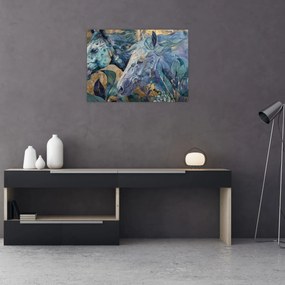 Tablou pe sticlă - Cai cu fundal auriu (70x50 cm)