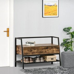 Suport de Pantofi in Stil Industrial Vintage cu Economisire de Spatiu din Lemn si Metal, Maro Rustic, 90x37x60cm HOMCOM | Aosom Romania