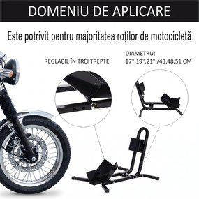 HOMCOM Suport pentru Motocicletă Reglabil pe 3 Nivele, Sistem de Blocare Roți Motocicletă în Metal cu Găuri, 60x55x43 cm, Negru