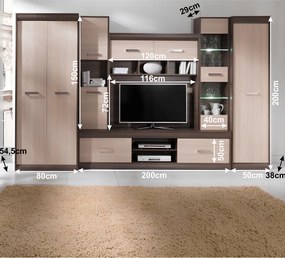 Mobilă de living, PAL/MDF, stejar deschis/stejar închis, KORINA