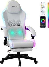 DOWINX 66LED03 - Scaun Gaming Ergonomic cu LED-uri RGB, Masaj in perna lombara, Șezut cu Arcuri Metalice și Spumă, Suport pentru picioare, Rabatabil 90°–135°, Rezistent 136 kg, Alb