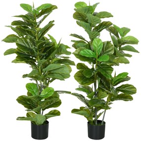 HOMCOM, Set de 2 plante artificiale Ficus Lyrata, arbori artificiali cu ghiveci inclus, înălțime 110 cm, verde | Aosom Romania