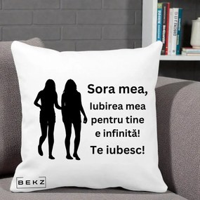 Cadou pentru Sora - Perna Personalizata Sora Mea Te Iubesc Siluete Negre Tinand Maini, 40x40 cm, Alba Mata, Husa Detasabila, Perna Inclusa, BEKZ®