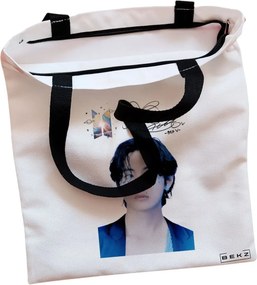 Sacosa de Panza pentru Cumparaturi, Geanta Tote, model BTS V, Cu fermoar, 38x34.5 cm, Alba, BEKZ®