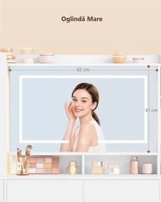 Masuta de machiaj 140 cm, cu Oglinda LED si 10 Sertare pentru Cosmetice, Set Masa toaleta Alba, masuta cosmetica, vanity cu dulapior si rafturi -