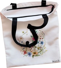 Sacosa de Panza pentru Cumparaturi, Geanta Tote, Cu litera J in Coronita Florala, Cu fermoar, 38x34.5 cm, Alba, BEKZ®