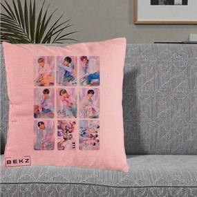 Perna Personalizata K-pop BTS Colaj 9 Fotografii Autografe Individual, 40x40 cm, Roz, Husa Detasabila, Perna Inclusa, BEKZ®