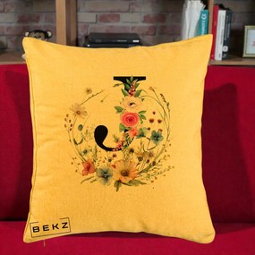 Cadou Personalizat - Perna Personalizata Monogram Litera J cu Flori Acuarela, 40x40 cm, Galben, Husa Detasabila, Perna Inclusa, BEKZ®